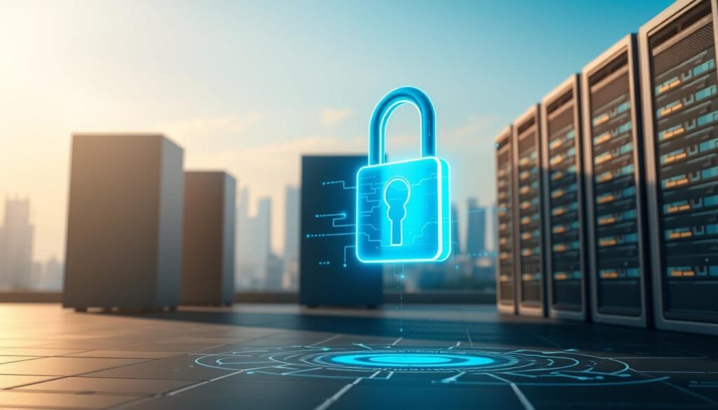 A serene and secure digital landscape, with towering servers casting long shadows. In the foreground, a holographic lock pulsates with a rhythmic glow, symbolizing the importance of legal and ethical practices. The middle ground features an array of security protocols, firewalls, and encryption algorithms, all working in harmony to protect valuable digital assets. In the background, a city skyline emerges, hinting at the global reach and connectivity of IPTV services. The scene is illuminated by a warm, diffused light, conveying a sense of professionalism and trustworthiness. The overall composition suggests a delicate balance between technology, security, and legality, inviting the viewer to explore the nuances of IPTV's best practices.