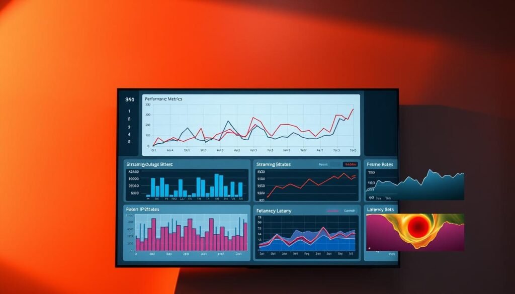 A sleek, modern data visualization dashboard displays performance metrics and streaming quality expectations for mature IPTV content. The dashboard features dynamic line graphs, bar charts, and heat maps that illustrate video bitrates, resolution, frame rates, and latency over time. A sophisticated color scheme of blues, grays, and reds conveys the technical nature of the data. The dashboard is set against a minimalist, high-contrast background, lit by warm, directional lighting that casts subtle shadows, creating depth and atmosphere. The overall scene exudes a sense of professionalism and authority, suitable for an article on the technical aspects of the IPTV adult entertainment industry.
