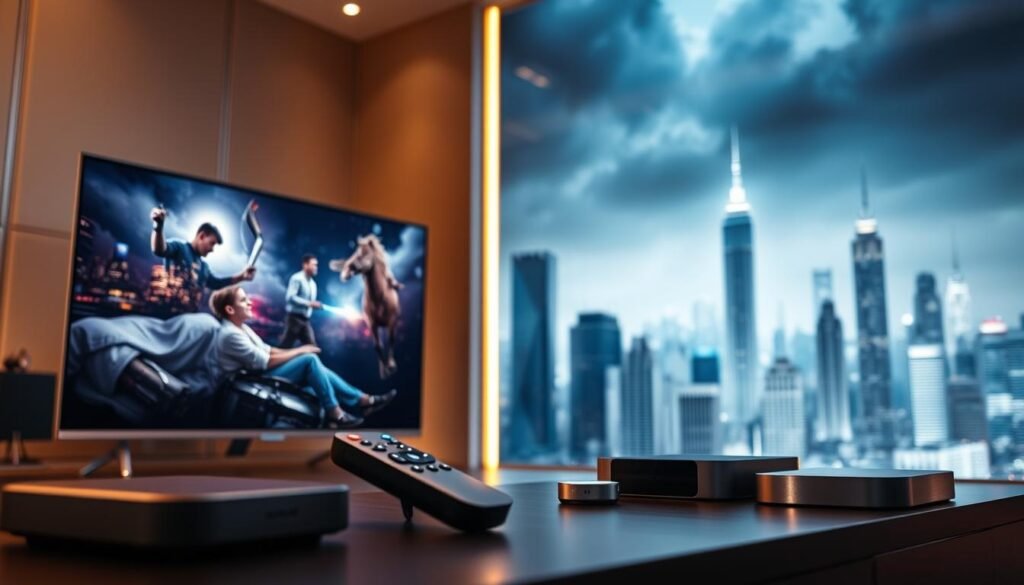 A striking futuristic display showcasing high-quality IPTV options for mature audiences. In the foreground, a sleek 4K television set displays crystal-clear, vivid imagery. In the middle ground, a range of remote controls and streaming devices in brushed metal and muted tones convey the advanced technology available. The background features a dramatic cityscape with towering skyscrapers, hinting at the vast entertainment possibilities of IPTV. Soft, warm lighting creates a premium, sophisticated atmosphere, inviting the viewer to explore the exceptional video quality and mature-oriented content on offer.