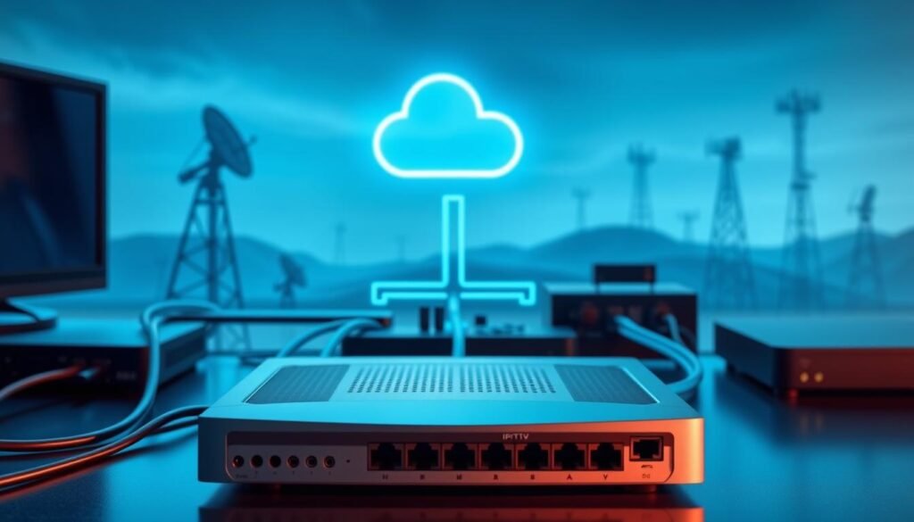 A technical infrastructure diagram depicting an IPTV system. In the foreground, a sleek, modern router and network switch are shown, with Ethernet cables connecting them to various devices. In the middle ground, a cloud icon represents the internet, with satellite dishes and cell towers in the background, symbolizing the delivery of content from content providers to the IPTV system. The scene is bathed in a cool, blue-tinted lighting, creating a sense of technological sophistication and efficiency. The overall composition conveys the seamless integration of hardware, software, and network components that enable the reliable delivery of IPTV services.