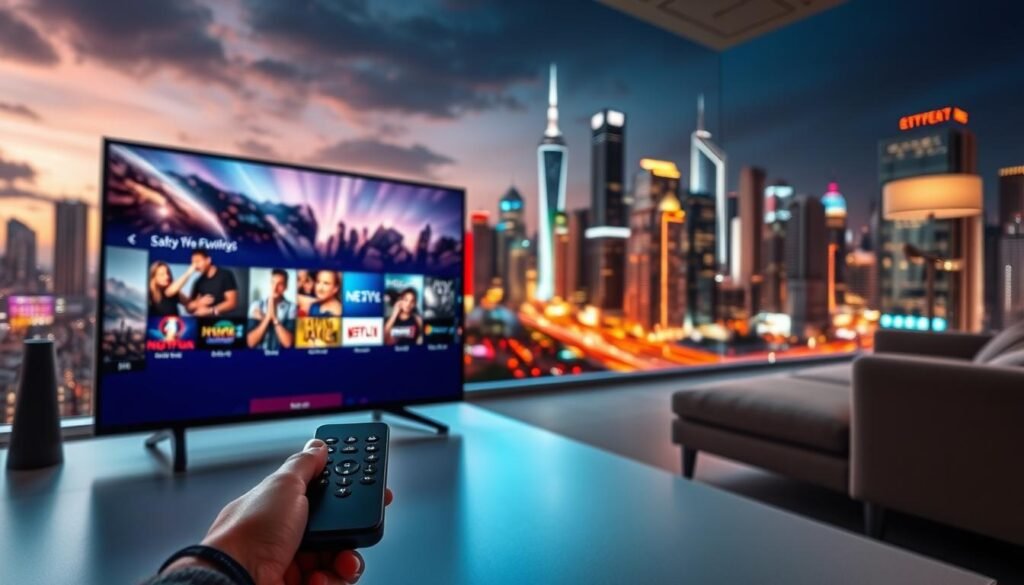 A vast array of high-definition IPTV services, each promising seamless entertainment. In the foreground, a modern smart TV displays a vibrant, cinematic interface, inviting viewers to explore a vast library of content. The middle ground features a sleek, minimalist remote control, symbolizing the effortless control over this immersive viewing experience. In the background, a striking cityscape with towering skyscrapers and neon-lit streets sets the scene, hinting at the global reach and technological prowess of these leading IPTV providers. Soft, warm lighting casts a cozy, premium ambiance, while a hint of motion suggests the dynamic, ever-evolving nature of this evolving entertainment landscape.