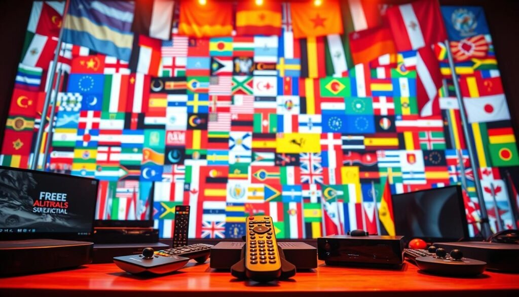 A vibrant and dynamic scene showcasing the diverse world of IPTV adult entertainment. In the foreground, an array of streaming devices and remote controls symbolize the accessibility and convenience of on-demand content. The middle ground features a collage of colorful promotional banners, offering free trials and exclusive regional content. The background is a kaleidoscope of global flags, representing the global reach and cultural variety of the IPTV platform. Warm, inviting lighting sets the mood, while a subtle cinematic lens adds depth and drama to the composition. The overall impression conveys the excitement, freedom, and endless entertainment options available to the IPTV adult user.