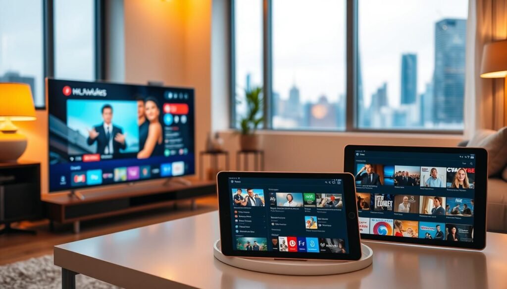 A vibrant living room with multiple devices displaying a streaming M3U playlist. In the foreground, a sleek smart TV showcases a live TV channel, while a tablet and a smartphone in the middle ground display different sections of the playlist. Soft, warm lighting creates a cozy atmosphere, and the devices are arranged on a modern, minimalist coffee table. The background features a large window overlooking a cityscape, providing a sense of connectivity and global access to the content. The entire scene conveys the ease and convenience of streaming live TV across multiple devices using an M3U playlist.
