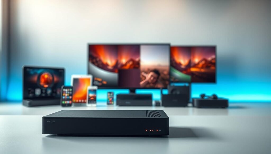 An intricate IPTV device placed prominently in the foreground, its sleek black chassis and LED indicators illuminating a minimalist, modern design. In the middle ground, a diverse array of compatible devices - smart TVs, smartphones, tablets, and streaming boxes - arranged in a harmonious composition, showcasing the versatility of the IPTV solution. The background features a softly blurred, gradient-rich environment, evoking a sense of technological sophistication and connectivity. Carefully balanced lighting accentuates the various textures and surfaces, creating a visually engaging and informative scene that captures the essence of "IPTV device compatibility".