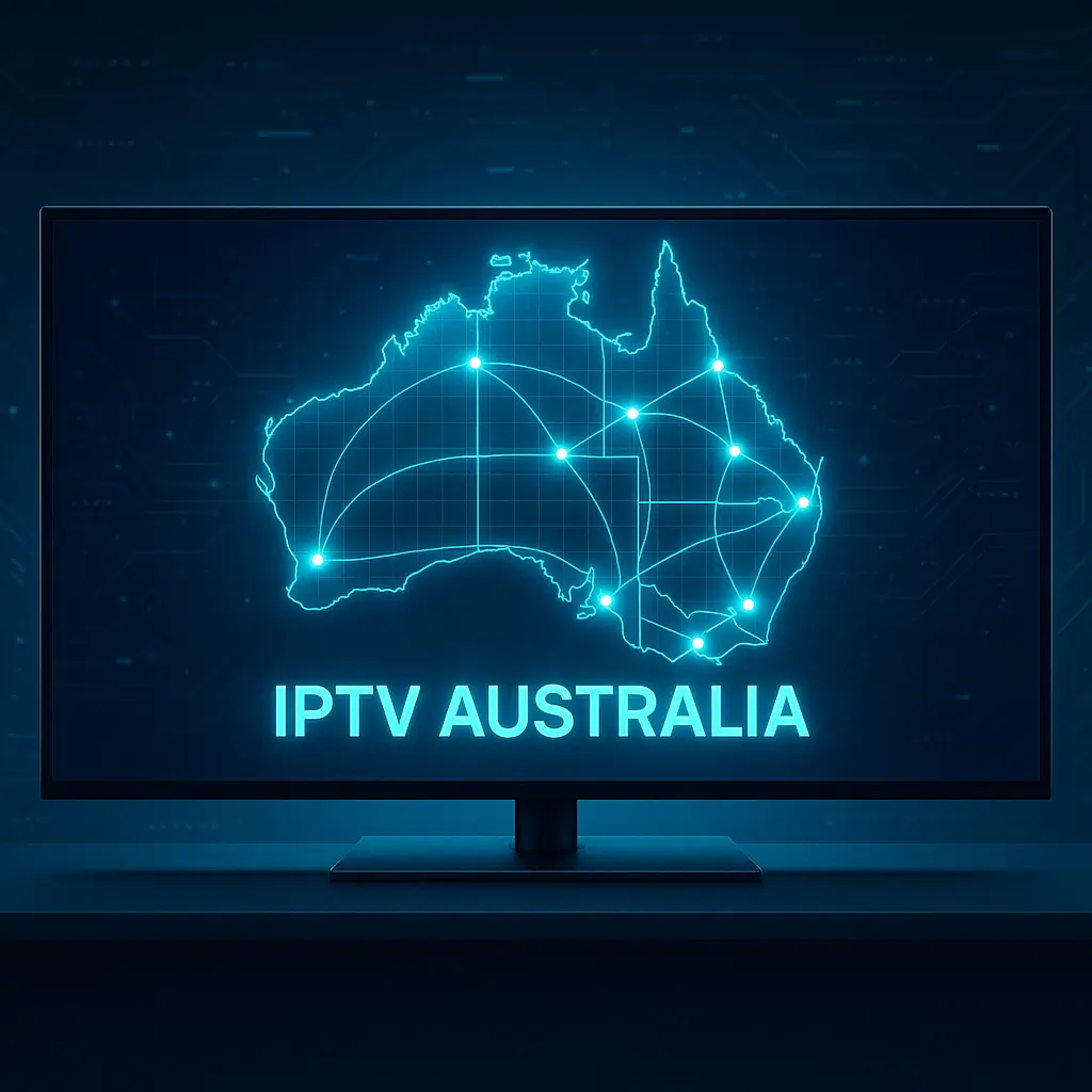 A modern streaming setup highlighting IPTV Australia with illuminated city connections symbolizing nationwide IPTV services.