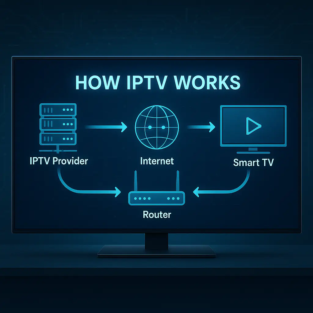 Digital infographic showing how IPTV works with labeled icons for IPTV Provider, Internet, Router, and Smart TV connected by glowing arrows on a blue tech background.