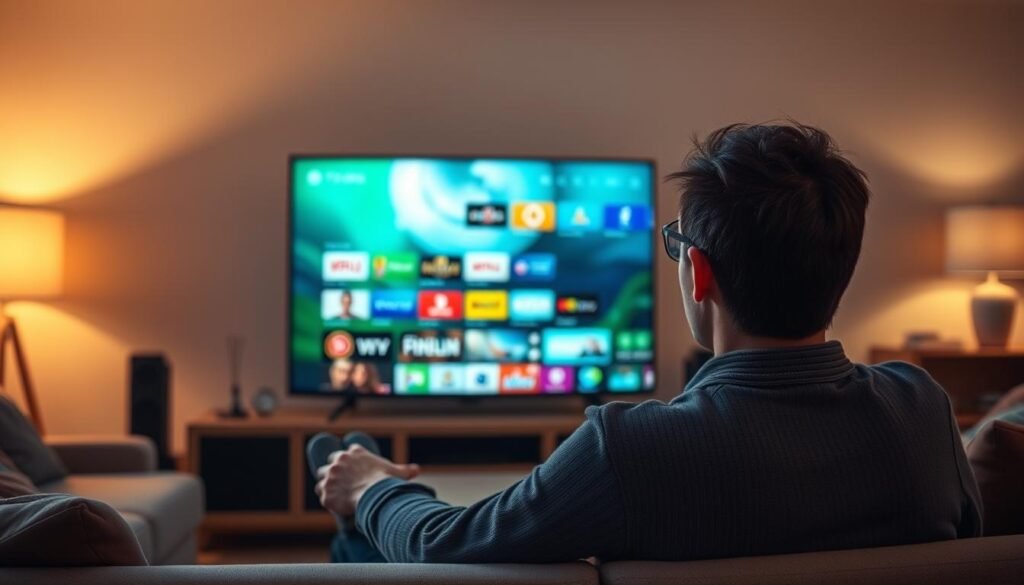 Generate an image of a person enjoying their favorite TV show on a 4K smart TV with a vast channel selection on the screen.