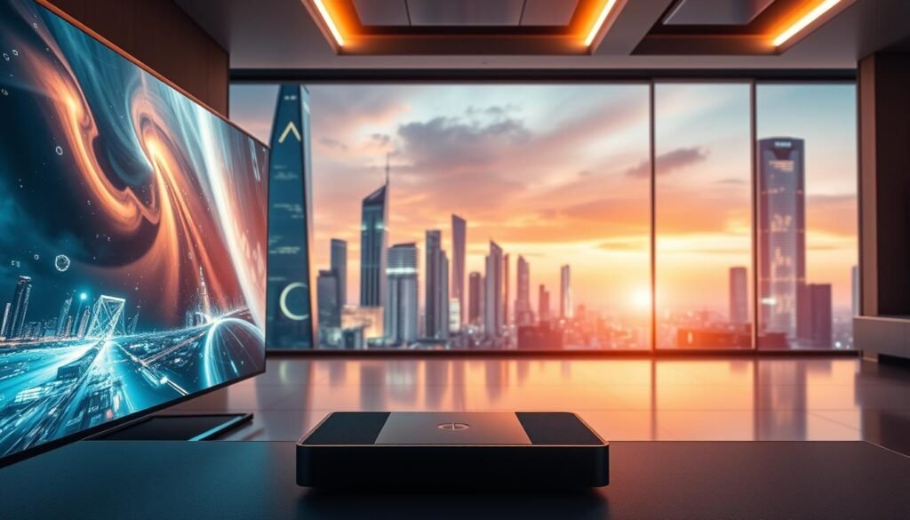 Prompt A futuristic scene depicting the evolution of IPTV streaming technology. In the foreground, a high-resolution display showcases a seamless, immersive viewing experience with ultra-sharp visuals and vibrant colors. In the middle ground, a sleek, minimalist IPTV set-top box blends effortlessly into the modern interior. The background features a cityscape with towering skyscrapers, hinting at the global connectivity and infrastructure powering this advanced streaming platform. The lighting is warm and ambient, creating a sense of technological sophistication and progress. The overall atmosphere conveys the power and potential of IPTV as the future of entertainment consumption.