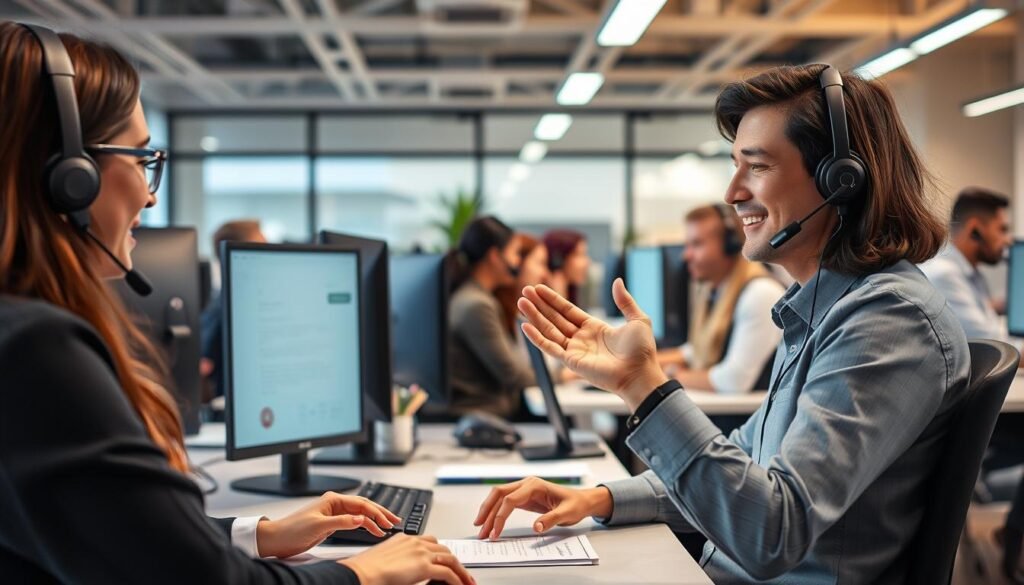 A busy customer support center with a team of friendly, attentive representatives helping customers over the phone and via video conferencing. The scene is well-lit with a warm, inviting atmosphere. The team members are dressed professionally and have a positive, service-oriented demeanor. In the foreground, an agent is calmly explaining a solution to a customer, gesturing with their hands. In the middle ground, other agents are typing on their keyboards, speaking animatedly, or jotting down notes. The background features a modern office setting with desks, computers, and office equipment. The overall impression is one of an efficient, responsive customer support team that is dedicated to providing excellent service.