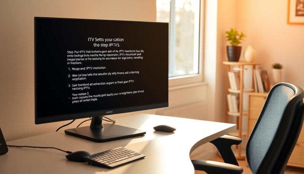 A clean, well-lit home office setup with a desk, ergonomic chair, and a high-resolution monitor displaying step-by-step instructions for IPTV streaming. Warm, natural lighting through a window casts a soft glow, creating a productive, inviting atmosphere. In the foreground, a wireless keyboard and mouse are neatly arranged, while in the background, a minimalist bookshelf and potted plant add a touch of sophistication. The overall scene conveys a sense of simplicity and clarity, perfectly suited to guide the reader through the setup process.