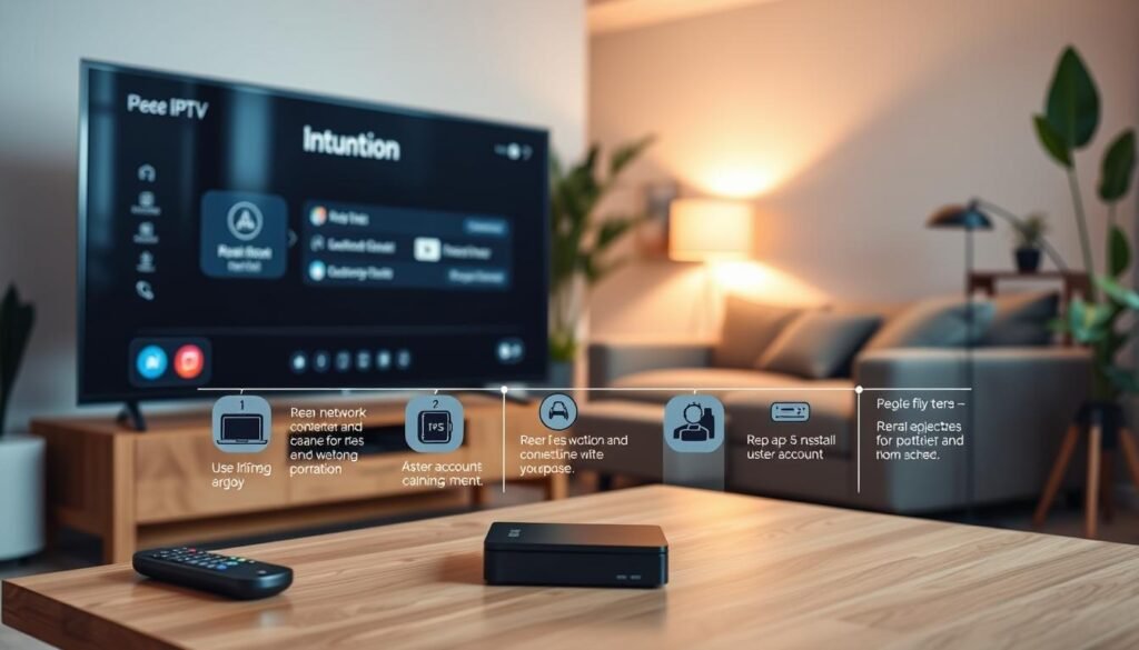 A detailed step-by-step guide to configuring an IPTV setup, displayed in an interactive infographic style. In the foreground, include a modern television displaying a clean user interface for IPTV configuration, with remote control nearby. The middle layer features clear, numbered steps laid out on a stylish table, including icons for network connection, app installation, and user account setup. The background consists of a cozy living room with soft, warm lighting to create an inviting atmosphere, showcasing a comfortable couch and plants. Utilize a shallow depth of field to focus attention on the IPTV setup while softly blurring the background. The overall mood is informative and professional, with a bright and engaging color palette.