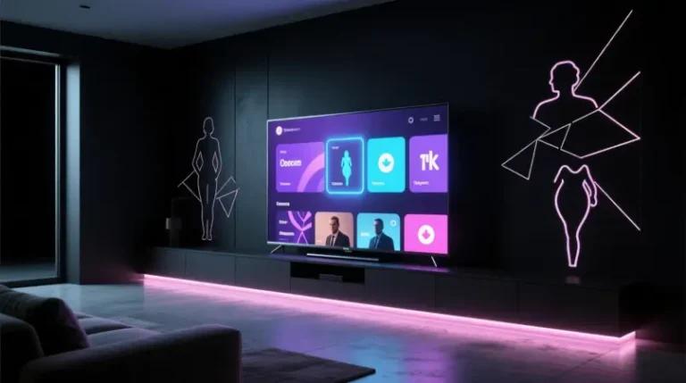 Smart TV streaming adult IPTV channels in a modern living room with neon lighting”