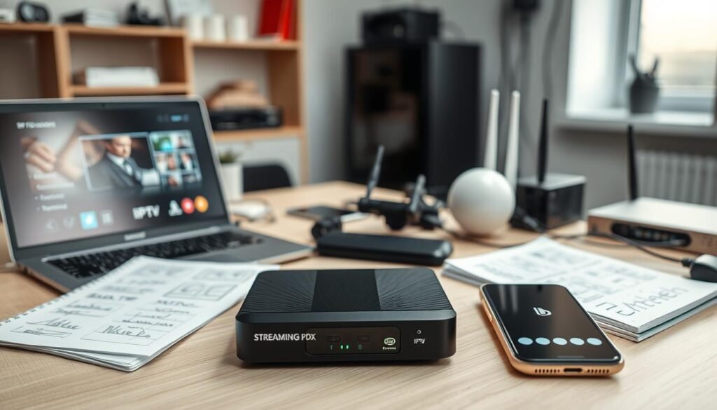 An organized workspace showcasing IPTV troubleshooting solutions for streaming problems. In the foreground, a modern desk with a laptop displaying a streaming service interface, alongside notepads filled with troubleshooting notes and diagrams. In the middle ground, a close-up of an iptv set-top box, with blinking indicators showing connectivity status, and a smartphone displaying a buffering icon to represent streaming issues. The background features a well-lit room with technical gadgets, including a router and cables, giving a sense of high-tech ambiance. Use soft, diffused lighting to create a calm, professional atmosphere, emphasizing clarity and focus. Capture the scene from a slightly elevated angle, creating depth and inviting the viewer into the troubleshooting process.