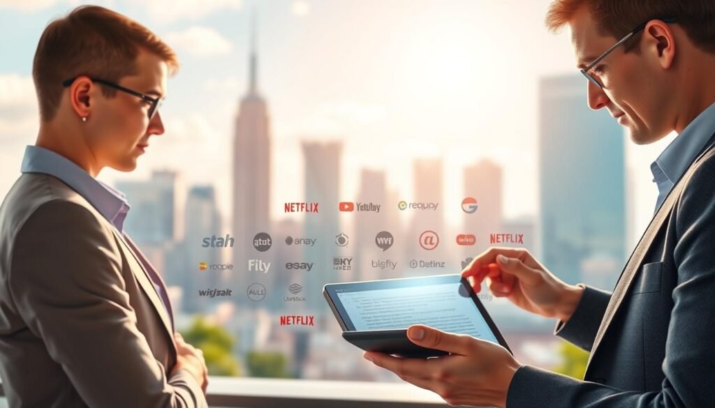 Detailed digital illustration of expert tips for choosing a streaming provider. Bright and clean aesthetic with a modern, professional look. In the foreground, three people in business attire discussing and reviewing a tablet device. In the middle ground, various streaming platform logos and icons arranged neatly. In the background, a blurred cityscape with skyscrapers and a vibrant, sunlit sky. Soft, natural lighting creates depth and dimensionality. High-resolution, 4K, photorealistic quality with a crisp, sharp focus throughout.