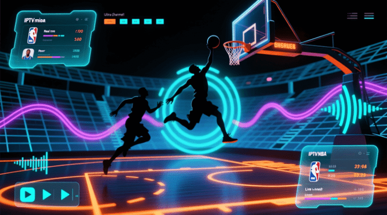 “IPTV NBA hero image showing a digital basketball court with streaming graphics and live NBA game overlays”