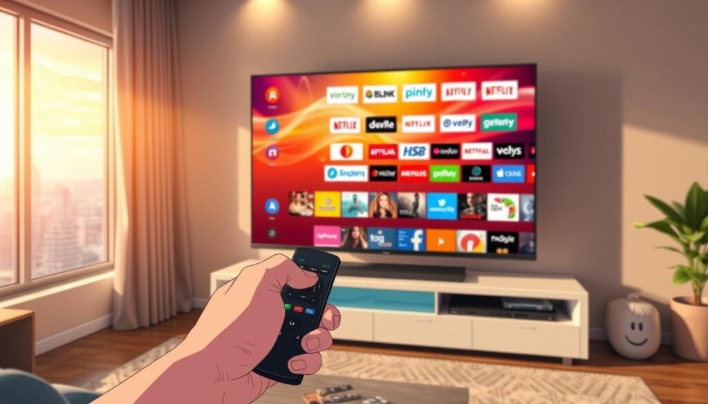 Transition from cable TV to IPTV streaming. A living room with a modern flat-screen TV on a sleek entertainment center. The TV screen displays a vibrant, high-definition image of a video streaming service's interface, with various streaming service logos and content thumbnails. In the foreground, a person's hand holds a wireless remote, symbolizing the shift from traditional cable boxes to seamless digital control. The lighting is warm and inviting, creating a cozy atmosphere. The background features a window overlooking a cityscape, suggesting the wider technological evolution from physical to digital media consumption.