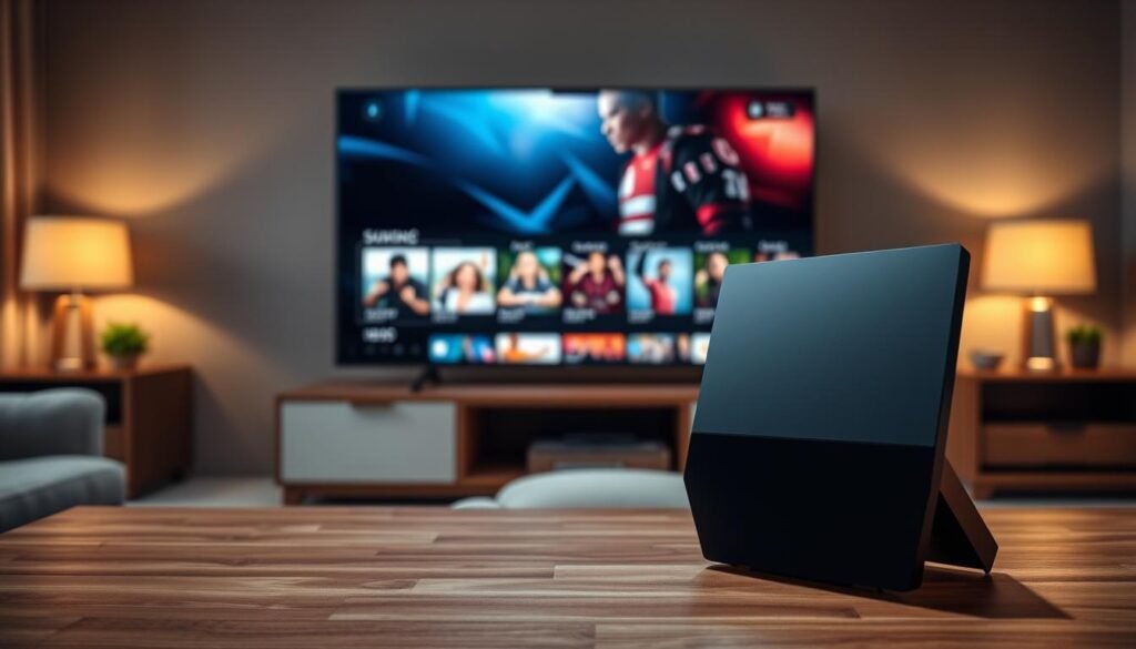 A high-quality, realistic image of an Nvidia Shield TV Pro device prominently displayed in the foreground, showcasing its sleek design and glossy black finish. The device is placed on a modern wooden TV stand, with a subtle reflection on the surface to highlight its premium look. In the middle ground, a large flat-screen television is visible, displaying vibrant streaming content, suggesting its use for IPTV services. The background features a cozy living room ambiance with soft, warm lighting emanating from table lamps, creating an inviting atmosphere. The perspective is slightly angled to capture the device and TV in a dynamic composition, while ensuring a focus on the Nvidia Shield TV Pro, evoking a sense of modern technology and entertainment innovation suitable for discerning viewers in 2026.