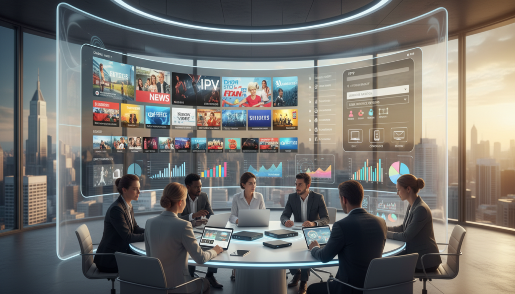 Un cadre de bureau professionnel avec un espace de travail élégant et futuriste doté d'un grand écran numérique affichant des fonctions de streaming IPTV vibrantes telles que la variété de canaux, les options d'interface utilisateur et la compatibilité des appareils. Au premier plan, un groupe diversifié de professionnels en tenue d'affaires est engagé dans une réunion, analysant les données sur les tablettes et les ordinateurs portables. Le terrain moyen comprend un bureau moderne avec des appareils IPTV et des cartes colorées. L'arrière-plan montre une fenêtre avec un skyline de ville, illuminé par un éclairage naturel doux pour créer une atmosphère accueillante. La scène transmet un air de productivité et d'innovation, avec une palette de couleurs chaleureuses et des ombres douces pour mettre l'accent sur le travail d'équipe et la technologie.