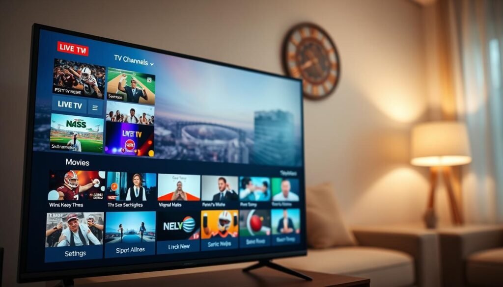 A sleek and modern IPTV player interface featuring an array of live TV channels. In the foreground, a vibrant screen displays thumbnails of various channels, showcasing a blend of sports, news, and entertainment options. The middle layer includes a user-friendly navigation bar with icons for categories like "Live TV," "Movies," and "Settings." In the background, a soft-focus living room setting enhances the cozy atmosphere with warm lighting from a nearby lamp, creating a tech-savvy, welcoming environment. The scene is shot from a slightly low angle, emphasizing the interface's elegance. The overall mood is engaging and contemporary, showcasing the future of IPTV services in the United States for 2026, while maintaining a professional and polished aesthetic. A sleek and modern IPTV player interface featuring an array of live TV channels. In the foreground, a vibrant screen displays thumbnails of various channels, showcasing a blend of sports, news, and entertainment options. The middle layer includes a user-friendly navigation bar with icons for categories like "Live TV," "Movies," and "Settings." In the background, a soft-focus living room setting enhances the cozy atmosphere with warm lighting from a nearby lamp, creating a tech-savvy, welcoming environment. The scene is shot from a slightly low angle, emphasizing the interface's elegance. The overall mood is engaging and contemporary, showcasing the future of IPTV services in the United States for 2026, while maintaining a professional and polished aesthetic.