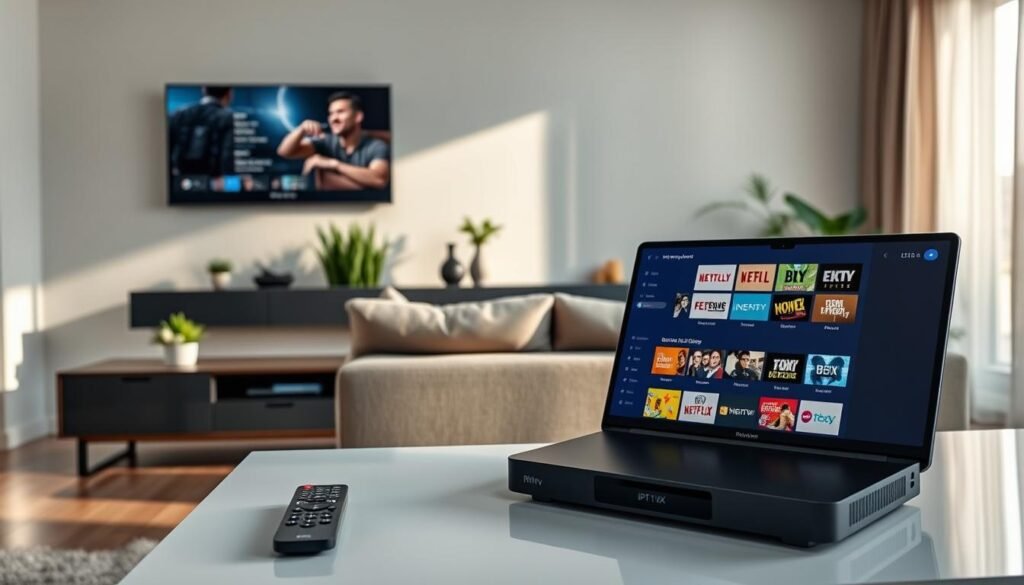 A sleek, modern living room setting serves as the backdrop, showcasing the latest IPTV box prominently on a stylish media console. In the foreground, a contemporary coffee table features a smart remote and an open laptop displaying various streaming options. The middle ground includes a comfortable sofa with pillows, inviting viewers to enjoy content on a large wall-mounted television. Soft, ambient lighting creates a warm atmosphere, while the sunlight filters gently through sheer curtains. A few elegant plants add a touch of greenery, enhancing the homely feel. The overall mood conveys a sense of comfort and technological sophistication, emphasizing the concept of compatibility with various providers in IPTV entertainment.