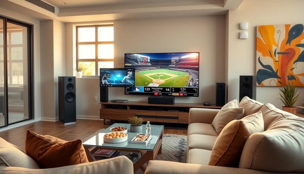 A sleek, modern living room setup designed for watching premium IPTV services. In the foreground, a stylish flat-screen TV displays vibrant MLB game highlights with score overlays, surrounded by a high-quality sound system. In the middle ground, a cozy sofa with plush cushions invites viewers to relax, accented by a sleek coffee table holding snacks and beverages. In the background, a large window reveals a sunny day, casting soft, warm light into the room that enhances the welcoming atmosphere. The wall is adorned with abstract sports-themed art, adding an energetic vibe. Capture this scene in a wide-angle perspective, ensuring a clean, vibrant color palette that conveys excitement and relaxation, suitable for sports enthusiasts enjoying the ultimate viewing experience.