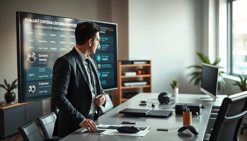 A sleek, modern workspace featuring a high-tech digital interface displaying evaluation criteria for premium online sports streaming services. In the foreground, a professional business person, dressed in smart attire, analyzes data on a large screen, showcasing metrics like streaming quality, content variety, user interface, and customer support. In the middle ground, a stylish desk with gadgets and sports memorabilia reflects a dynamic atmosphere. The background is softly blurred, hinting at a contemporary office environment with subtle lighting that creates a focused yet inviting mood. The scene is illuminated by natural light coming through a window, casting gentle shadows, emphasizing a vibrant yet professional tone suitable for decision-making in the sports streaming landscape.