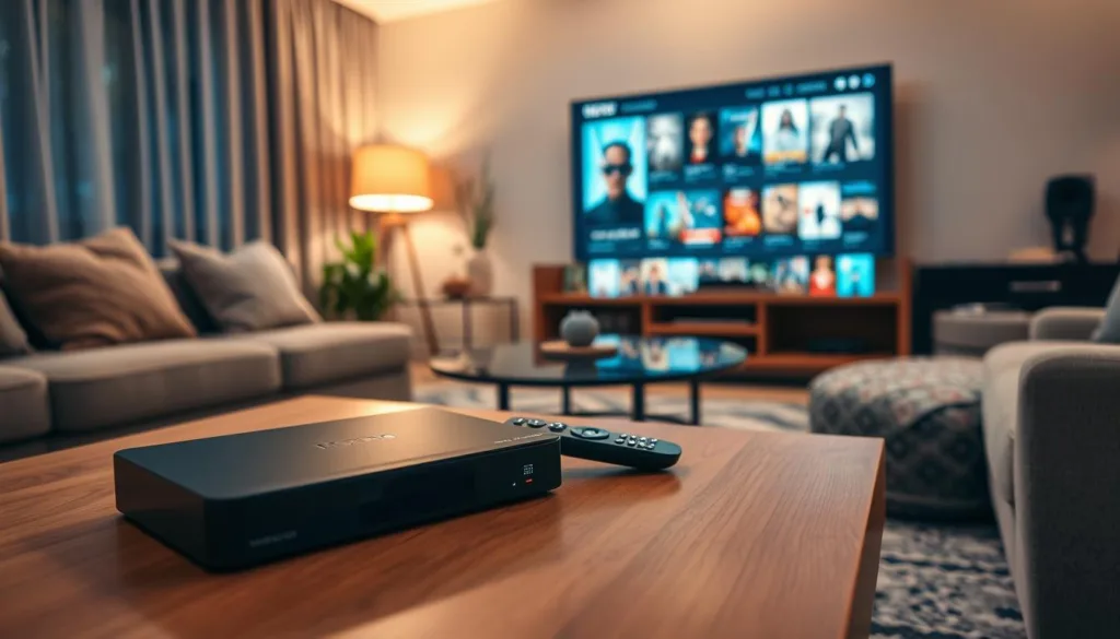 Un salon confortable avec une esthétique moderne du milieu du siècle, avec une boîte IPTV noir élégant et une télécommande minimaliste sur une table basse en bois. La chambre est baignée d'un éclairage doux et chaleureux, créant une atmosphère détendue et accueillante. En arrière-plan, une grande télévision à écran plat affiche une sélection de titres de cinéma de haute qualité, laissant entendre que le service IPTV pour adultes est un service économique qui alimente l'expérience de divertissement. La scène évoque un sentiment de luxe abordable, parfait pour les amateurs de cinéma à la recherche d'une installation de cinéma à la maison économique et immersive.