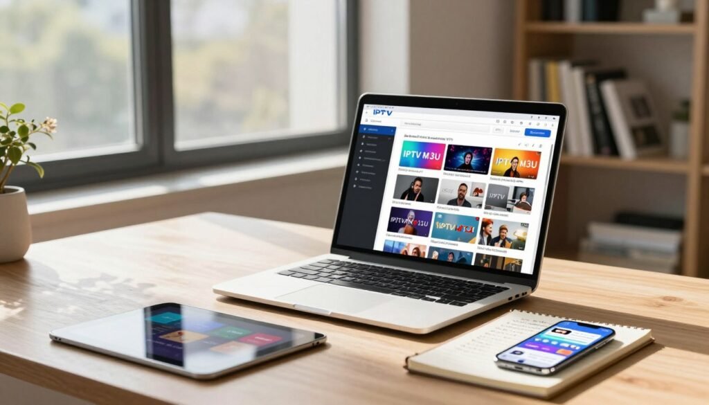 A modern workspace featuring a laptop displaying an IPTV M3U playlist interface, with vibrant thumbnails of live TV channels, and an open notepad with hand-written notes about IPTV usage. The foreground includes a sleek, contemporary desk with a digital tablet and a smartphone with streaming apps visible. In the middle, a large window allows natural light to flood the room, casting soft shadows that create a cozy yet tech-savvy atmosphere. In the background, a bookshelf lined with technology and media books emphasizes a professional environment. The lighting is bright and warm, evoking a focused mood, suitable for exploring IPTV services. The composition should be shot from an angle that showcases the laptop and workspace, inviting viewers into the scene.