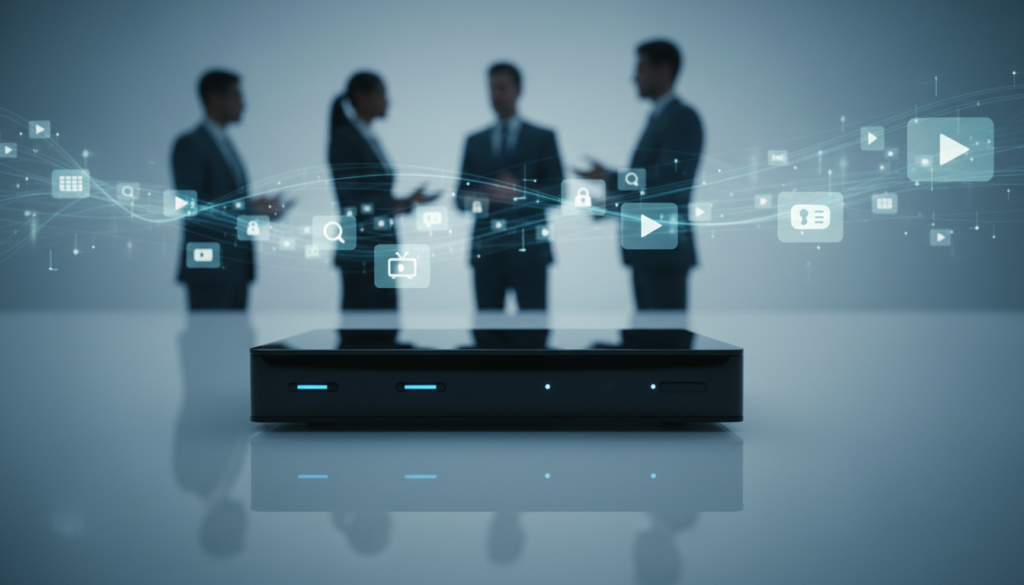 A sleek, modern IPTV box displayed prominently in the foreground, its glossy surface reflecting soft, ambient lighting. The device features a minimalist design with sleek buttons and indicators. In the middle ground, blurred silhouettes of diverse people in professional attire engage in conversation, representing discussions about IPTV legality. The background features a digital landscape with abstract representations of streaming content, such as floating icons of movies and TV shows, all under a gentle blue hue to evoke a sense of technology and innovation. The scene is illuminated with cool, subtle lighting, creating a professional and serious mood that conveys the importance of understanding legal aspects in the IPTV industry. A wide-angle perspective captures the entire setup, ensuring clarity and depth.