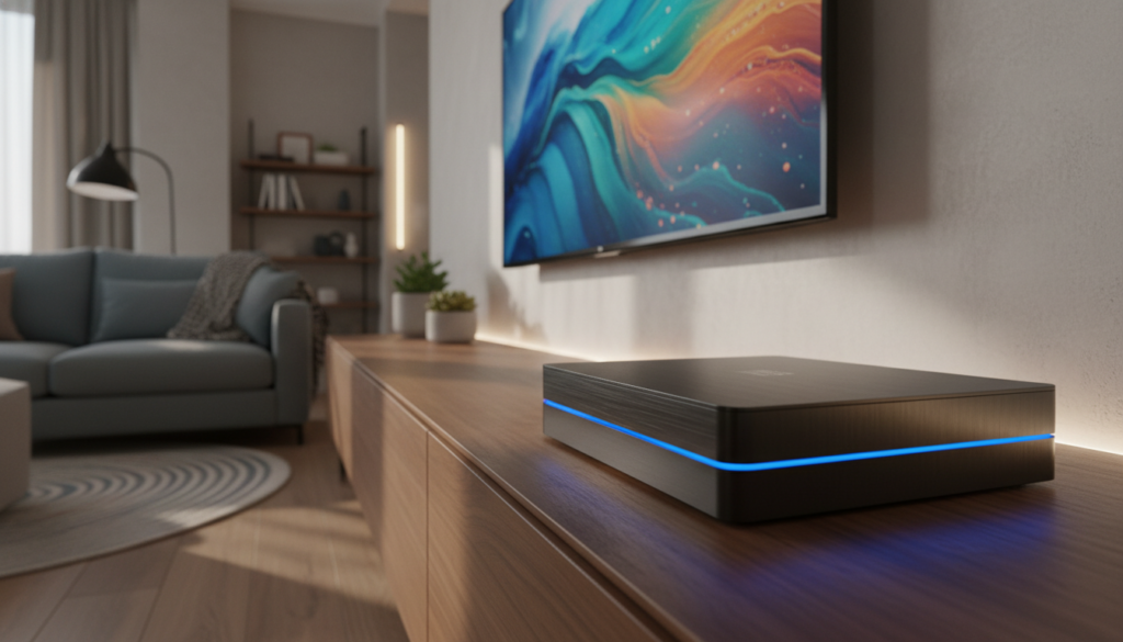 A sleek, modern IPTV box prominently displayed in the foreground, showcasing its sleek black design with subtle blue LED lights. Behind the IPTV box, a stylish living room setting creates a cozy atmosphere, featuring a large flat-screen TV mounted on the wall, streaming vibrant content. In the middle ground, soft, diffused lighting enhances the display, casting gentle shadows and highlighting the details of the device. The background reveals a comfortable couch and tasteful decor, adding warmth to the scene. A low-angle shot captures the IPTV box’s design elegance while keeping the overall composition inviting and relatable. The mood reflects a blend of innovation and comfort, emphasizing the IPTV box as an essential solution for seamless streaming in contemporary living spaces.