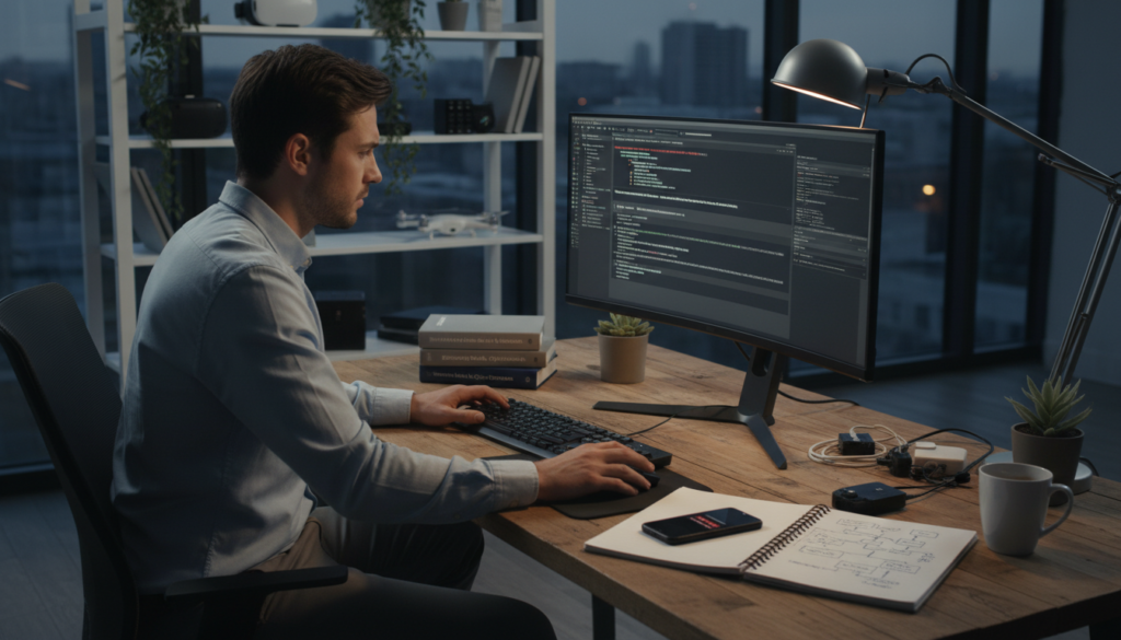 Une scène moderne de bureau à domicile représentant un dépannage individuel IPTV M3U problèmes de playlist sur un ordinateur élégant. Au premier plan, la personne, vêtue d'une tenue professionnelle décontractée, examine l'écran avec soin, en affichant des informations techniques détaillées sur la connectivité et les paramètres de lecture. Leur expression montre concentration et détermination. Au milieu, un bureau encombré de livres de référence, un bloc-notes rempli de notes et un smartphone affichant des messages d'erreur créent un sentiment d'urgence. L'éclairage est lumineux et concentré, émanant d'une lampe de bureau, jetant ombres douces pour une atmosphère confortable. L'arrière-plan dispose d'un plateau rangé avec des gadgets et des plantes technologiques, améliorant l'environnement professionnel mais accessible, adapté pour la résolution de problèmes.