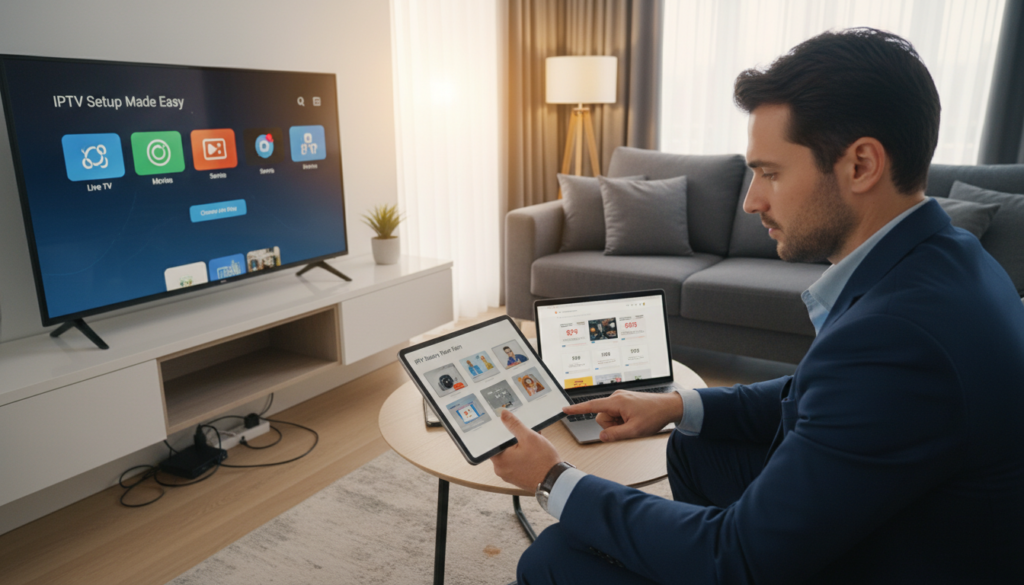 A modern living room featuring multiple devices set up for IPTV streaming. In the foreground, a sleek, flat-screen TV displays the IPTV interface with vibrant colors. To the left, a tablet shows a guide with step-by-step images, while on the right, a laptop is open with IPTV service options visible. In the background, a comfortable sofa and soft lighting create a cozy atmosphere. A professional individual in business attire sits on the sofa, intently focusing on the tablet, demonstrating an engaging setup process. The scene is illuminated with warm, natural light, accentuating the tech gadgets. The angle is a slightly elevated view, capturing the ambiance of high-tech convenience and comfort in a residential setting.