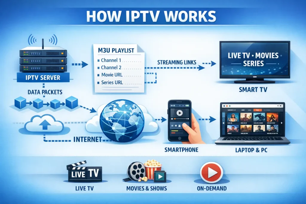 Illustration montrant le fonctionnement d'IPTV, y compris le serveur IPTV, les paquets de données, la transmission Internet, la playlist M3U, les liens de streaming et la lecture sur les appareils intelligents de télévision, de smartphone et d'ordinateur portable.