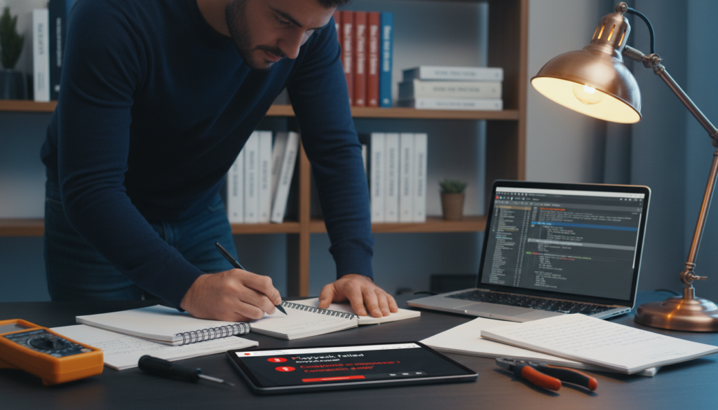 A modern, organized workspace focused on troubleshooting TiviMate issues. In the foreground, a sleek tablet displaying the TiviMate interface with error messages, surrounded by a few hastily placed notepads and tools. In the middle, a professional-looking person in smart casual attire, intently analyzing the tablet while jotting down notes, showcasing concentration and determination. The background features a soft-focused bookshelf filled with tech manuals, a laptop running diagnostic software, and a warm, inviting desk lamp casting a soft glow for a cozy atmosphere. The overall lighting is bright but gentle, with a hint of blue tones emphasizing a tech-savvy vibe, creating an engaging, problem-solving environment.
