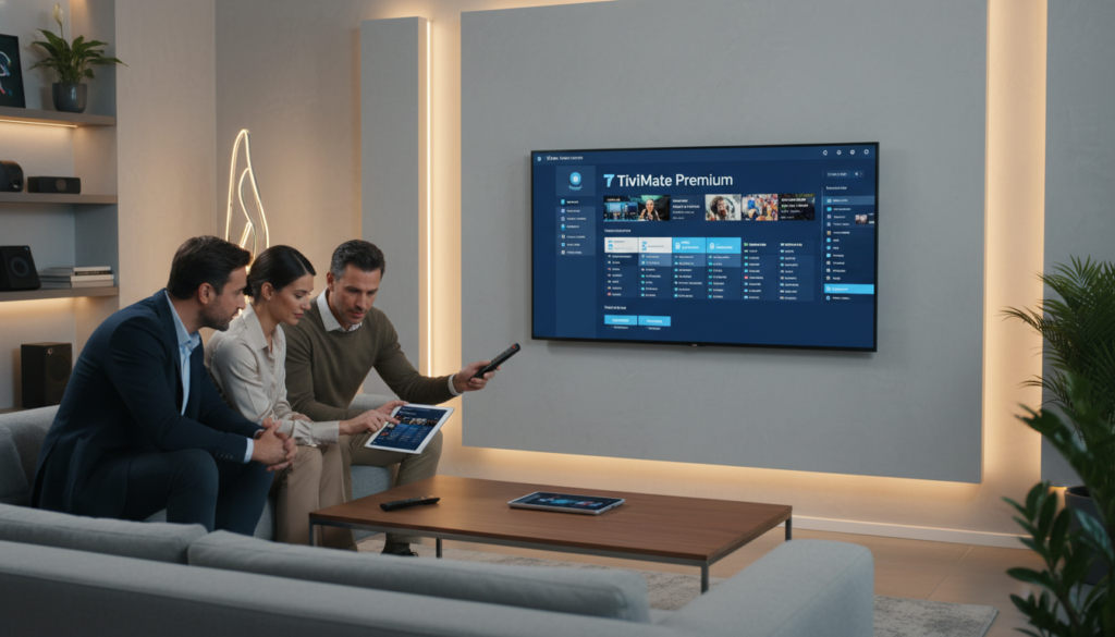 A modern, sleek living room setup featuring a large flat-screen TV displaying the TiviMate Premium interface. In the foreground, a stylish coffee table holds a remote and a tablet with the TiviMate app open. The middle ground showcases a comfortable sofa with professional individuals, dressed in smart casual attire, engaged in the process of setting up the TiviMate service. The background includes a warm, inviting ambiance with soft lighting, accentuating the contemporary decor and minimalistic design elements. A subtle focus on the TV screen highlights the app interface, showcasing its features in an easily recognizable manner. The overall atmosphere is friendly and informative, ideal for a tech-savvy audience.