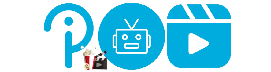 Blue icons representing media tech: a person silhouette, a robot head, a clapperboard, and a video play button.