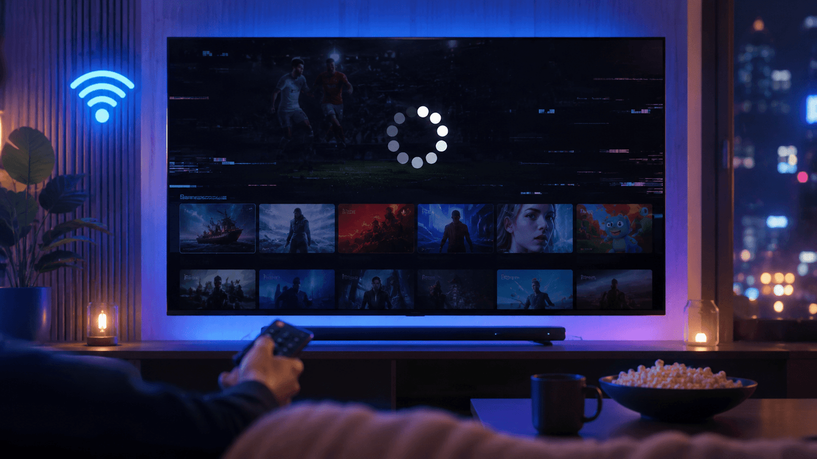Smart TV displaying IPTV streaming service with buffering loading circle on screen in a modern neon-lit living room.