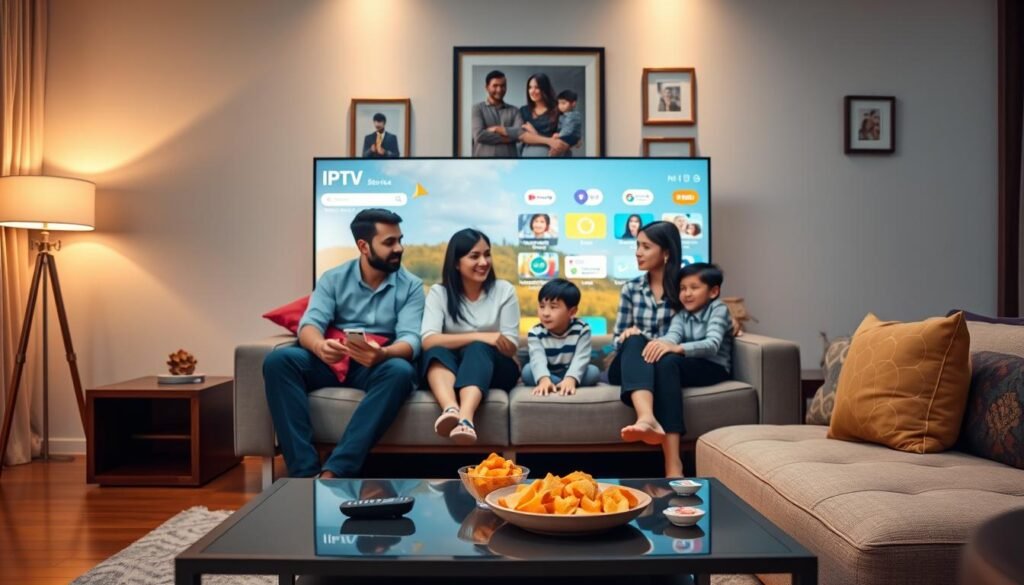 A cozy living room setting featuring a sleek, modern Android TV displaying an IPTV service interface. In the foreground, a stylish coffee table holds a remote control and snacks. The middle area showcases an inviting couch adorned with colorful cushions, with a family of four – a father in smart casual attire, a mother in modest clothing, and two children seated comfortably, all engaged with the TV screen. The background reveals soft ambient lighting, warm hues from floor lamps, and a painted wall adorned with family photos, creating a welcoming atmosphere. The image captures a sense of relaxation and family bonding, with the focus on technology seamlessly integrated into everyday life.