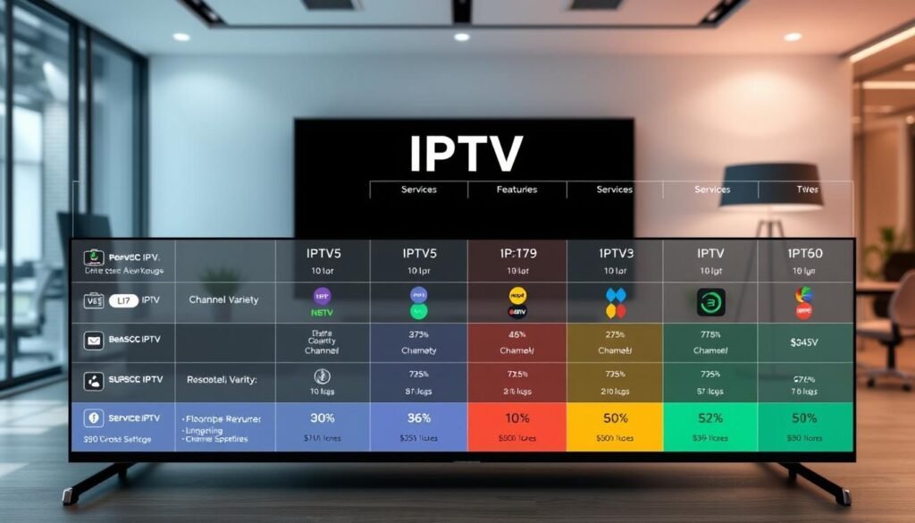 A detailed IPTV comparison chart visually showcasing service features in an organized, easy-to-read format. In the foreground, distinct sections of the chart highlight various IPTV services, each represented with icons and color-coded features such as channel variety, streaming quality, and subscription cost. In the middle ground, a subtle gradient enhances visibility while maintaining clarity. The background is a sleek, modern office setting with soft lighting to create a professional and inviting atmosphere. The scene captures the essence of technology and innovation, with a focus on user-friendly design. The composition is well-balanced, aiming for a polished and informative look, suitable for a technology-focused article.