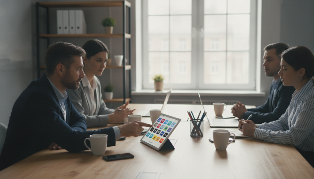 A modern, inviting office environment showcasing a diverse group of people engaged in a discussion about IPTV services. In the foreground, a middle-aged man in business attire is pointing at a tablet displaying colorful icons representing various IPTV channels, while a young woman in smart casual clothing takes notes. In the middle, a rectangular conference table is filled with laptops and coffee mugs, indicating an interactive session. The background shows a large window with natural light streaming in, complementing the warm tones of the wooden furniture, creating a welcoming atmosphere. The image has a professional, collaborative mood, highlighting the exchange of feedback and reviews, with soft shadows and a shallow depth of field to draw focus on the group dynamics.
