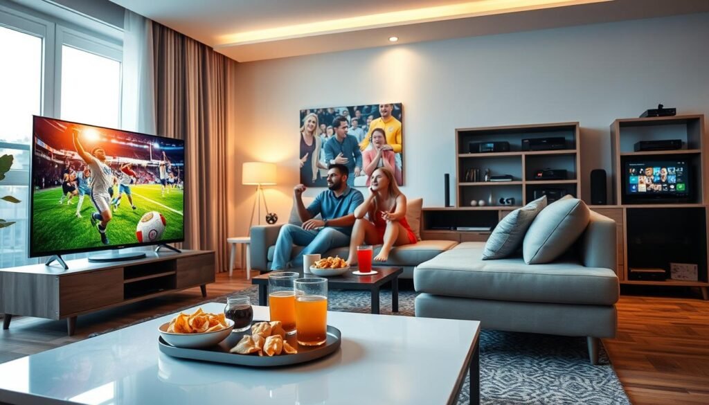 A modern living room setting featuring a sleek, high-definition television displaying vibrant sports streams. In the foreground, a stylish coffee table is adorned with snacks and drinks, indicating an engaging viewing experience. The middle section includes a comfortable sofa with a couple of friends, dressed in casual attire, enthusiastically watching the game, showing a sense of camaraderie and excitement. The background highlights a well-organized entertainment unit with AV equipment and IPTV devices, exuding a sense of advanced technology and reliability. The lighting is soft and warm, hinting at an inviting evening atmosphere, as natural light filters through a window, creating a cozy ambiance. The image captures a perfect blend of relaxation and anticipation, emphasizing reliable IPTV performance for sports streaming.