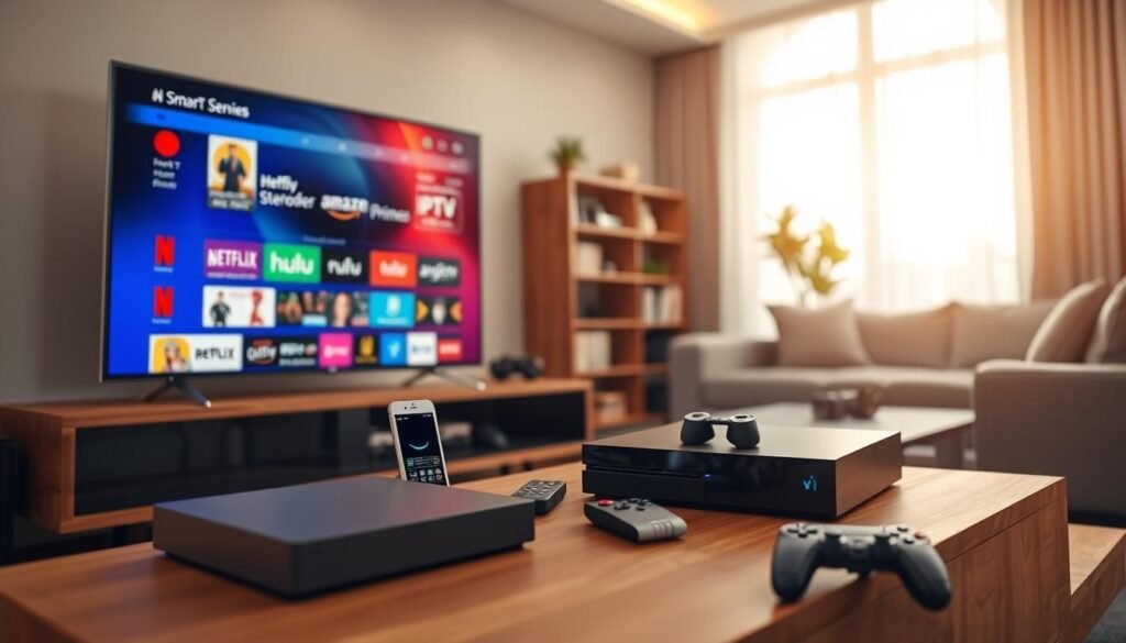 A modern living room setting showcasing an IPTV device prominently placed on a sleek entertainment center. In the foreground, a Smart TV displays a vibrant interface with various streaming platforms like Netflix, Hulu, and Amazon Prime. In the middle ground, an assortment of compatible devices, such as a smartphone, tablet, and gaming console, are arranged stylishly, demonstrating multi-platform accessibility. The background features a cozy, well-lit atmosphere with soft natural light coming through a window, enhancing the inviting feel. Use a wide-angle lens to capture the entire scene, incorporating warm tones to evoke a sense of comfort and modernity. The ambiance is professional yet welcoming, perfectly illustrating device compatibility across all platforms in a contemporary home setting.