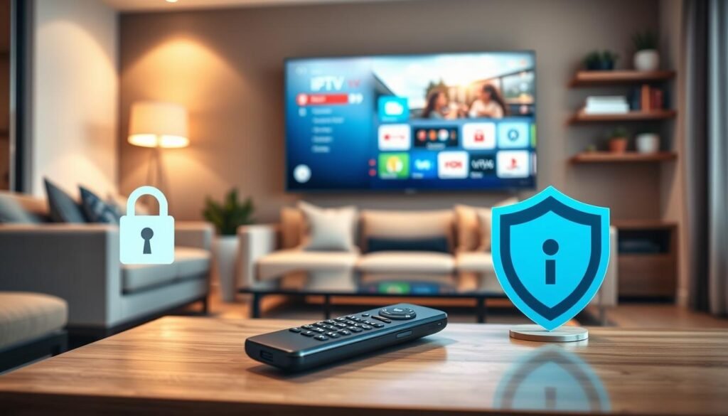 A modern living room setting with an elegant Android TV displaying an IPTV interface. In the foreground, a sleek black remote control lies on a stylish coffee table, surrounded by security symbols like a padlock and a shield representing privacy. The middle ground features a cozy seating area with a neutral-colored sofa and decorative pillows, suggesting a relaxed viewing environment. The background showcases a softly lit room with warm tones, accentuated by a wall-mounted shelf holding books and plants, creating a safe and inviting atmosphere. Soft ambient lighting highlights the scene, giving it a comfortable yet secure feel. The angle is slightly from above, capturing the entire composition while focusing on the IPTV system and security elements. The mood is informative and reassuring, perfect for discussing security and privacy in IPTV.