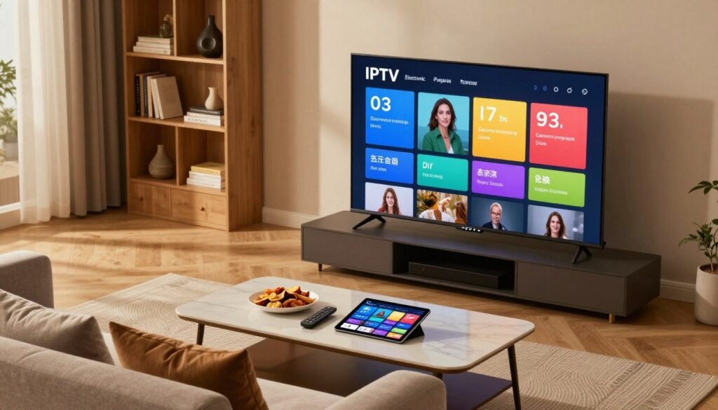 A modern living room setup featuring a sleek IPTV setup on a large flat-screen television displaying a colorful Electronic Program Guide (EPG) interface. In the foreground, a comfortable sofa with pillows invites viewers to engage. The middle layer showcases a coffee table with a remote control, snacks, and a tablet showing details about navigating the EPG. Soft, warm lighting provides a cozy atmosphere, while the background reveals a stylish bookshelf filled with books and decor. The camera angle is slightly tilted from above, giving an overview of the entire scene, emphasizing the interactive nature of IPTV EPG use. The mood is inviting and informative, perfect for showcasing technology in a home setting.