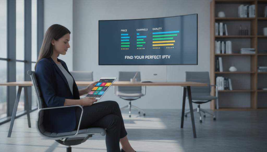 A modern, sleek office environment showcasing a selection of IPTV services. In the foreground, a professional businessperson in smart casual attire is reviewing a digital tablet displaying various IPTV service options. The middle ground features a large, stylish monitor with colorful graphics representing different criteria such as price, channel variety, and streaming quality. The background is softly lit, with a blurred view of contemporary office furniture and a bookshelf filled with tech-related books to evoke a sense of professionalism. Natural light streams in from large windows, enhancing the atmosphere of focus and clarity. Soft shadows create depth, while the overall color palette blends cool blues and warm grays for a calming effect.