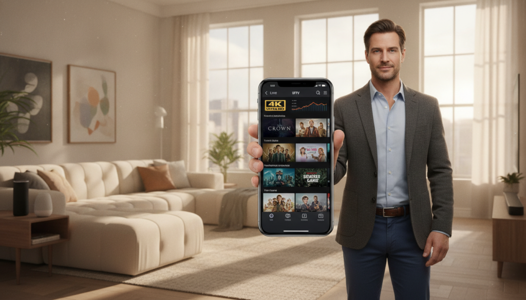 A sleek, modern iPhone displaying an IPTV application interface, showcasing streaming performance with high-resolution images of popular shows. In the foreground, focus on the iPhone held in a professional’s hand, wearing a smart casual outfit, with a confident expression. The middle ground features a cozy, well-lit living room with a stylish couch and elegant decor, including subtle tech gadgets. In the background, large windows allow natural light to flood the room, enhancing the inviting atmosphere. The lighting is warm and vibrant, casting soft shadows that create a sense of depth. The overall mood is sophisticated and professional, emphasizing reliability and performance in modern IPTV services for iOS devices.