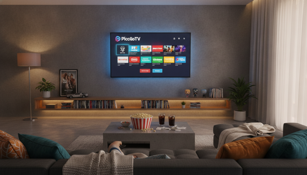A sleek, modern living room setup featuring a stylish flat-screen TV displaying the PiccoloTV IPTV interface with vibrant colors and various streaming options visible. In the foreground, a cozy sofa is adorned with plush cushions, creating an inviting atmosphere for movie watching. In the middle ground, a coffee table holds popcorn and drinks, hinting at a movie night experience. The background showcases a tastefully decorated shelf with entertainment memorabilia, enhancing the scene's ambiance. The lighting is warm and soft, simulating a comfortable evening mood. A wide-angle perspective captures the entire scene, emphasizing both the technology and the relaxing environment, creating an engaging visual representation of PiccoloTV as a competitive IPTV option.