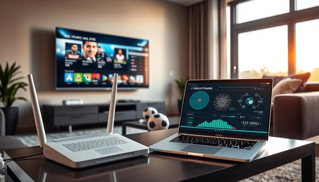 A sleek, modern living room setup showing a large flat-screen TV displaying a vibrant sports streaming interface, with a wireless router prominently featured beside it. In the foreground, a laptop with network bandwidth stats and streaming quality metrics is open on a stylish coffee table. The middle ground includes a comfortable sofa with a few well-placed cushions, and a football and soccer ball are subtly displayed to indicate sports culture. The background features a large window letting in warm natural light, creating a cozy atmosphere. The scene is lit with soft, ambient lighting accentuating the tech-savvy environment. The overall mood is one of seamless integration of technology in everyday life, showcasing optimal IPTV performance for sports streaming.