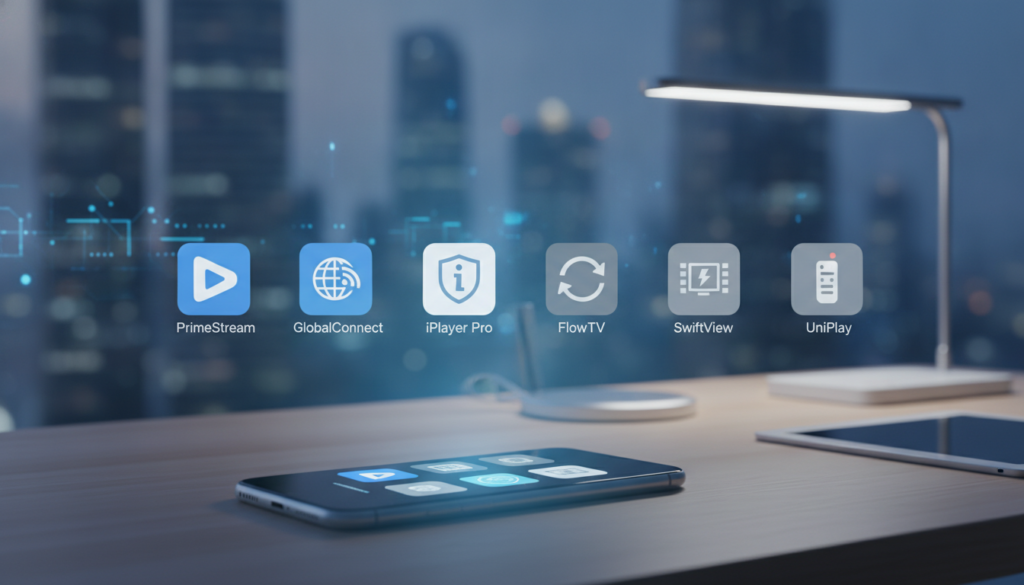 A visually appealing comparison graphic showcasing the best IPTV apps for iOS devices in 2026. The foreground features sleek icons and logos of various IPTV player apps displayed on an iPhone, elegantly arranged in a side-by-side format. In the middle ground, a calm, modern workspace setting with a stylish desk and a soft glow from ambient lighting sets the mood. The background showcases a blurred technological cityscape to convey innovation and connectivity. The overall atmosphere is professional and informative, with cool color tones like blue and gray, emphasizing clarity and modernity. The image should capture a sense of reliability and cutting-edge technology without any text or distractions.
