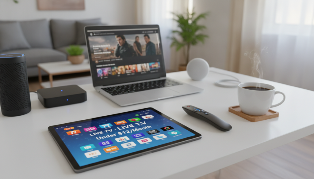 A visually appealing workspace showcasing the theme of affordable IPTV services under $12 per month. In the foreground, a sleek tablet displays a vibrant IPTV interface with colorful channel icons. To the side, a modern remote control and a steaming cup of coffee add a cozy touch. The middle ground features a minimalist desk setup with a laptop open to a video streaming website, surrounded by smart home devices like a streaming box and smart speakers. In the background, a soft-focus living room creates a comfortable atmosphere, illuminated by warm, natural light streaming through a window. The mood is inviting and tech-savvy, emphasizing a convenient and affordable entertainment experience. The overall composition should have a polished, professional look suitable for an informative article.